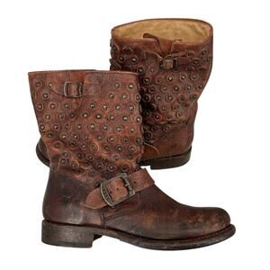Frye Jenna Disc Short Boot Distressed Leather Womens Size 7 Brown Bikercore